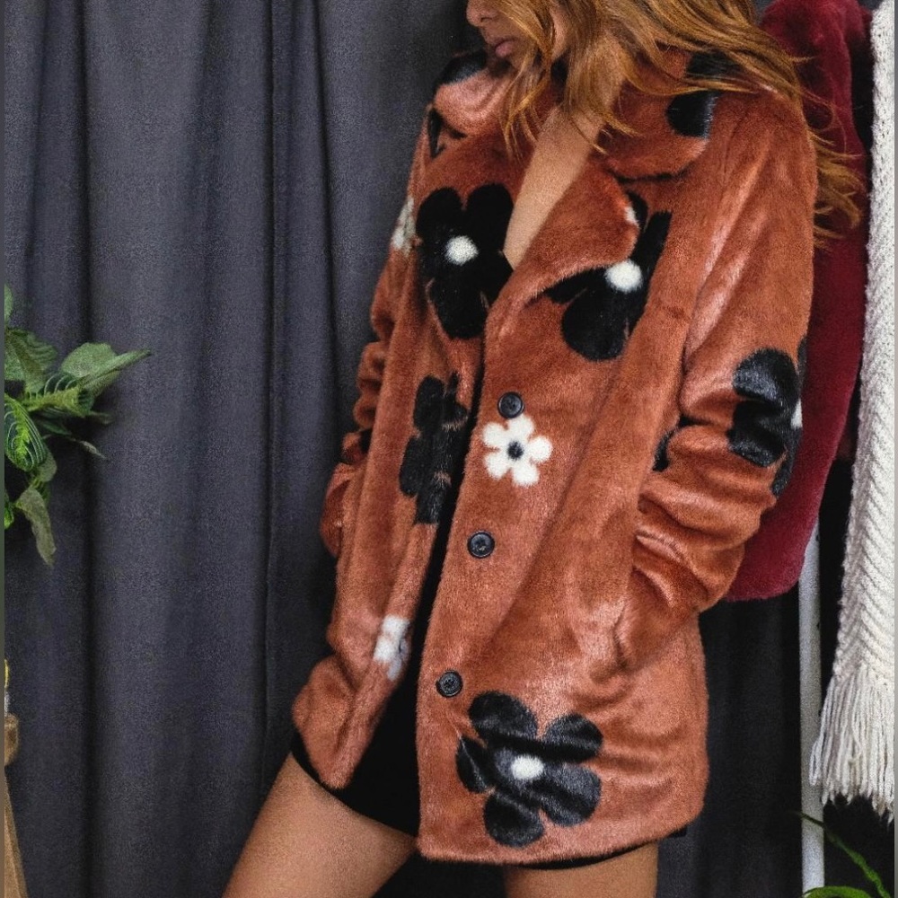 Eaves Brown Floral Faux Fur Coat